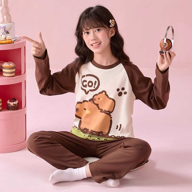 卡皮巴拉棉睡衣女童春秋长袖2024年新款冬季儿童小女孩家居服套装