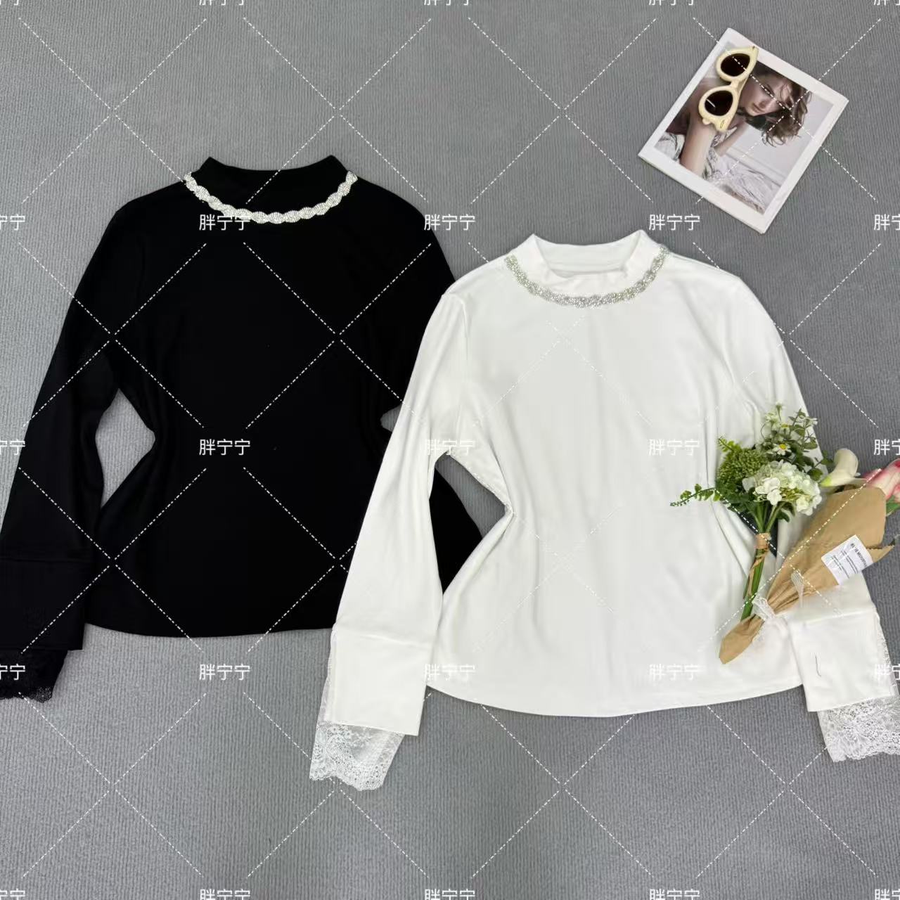 欧货爆版圆领钻链蕾丝袖口拼接打底衫