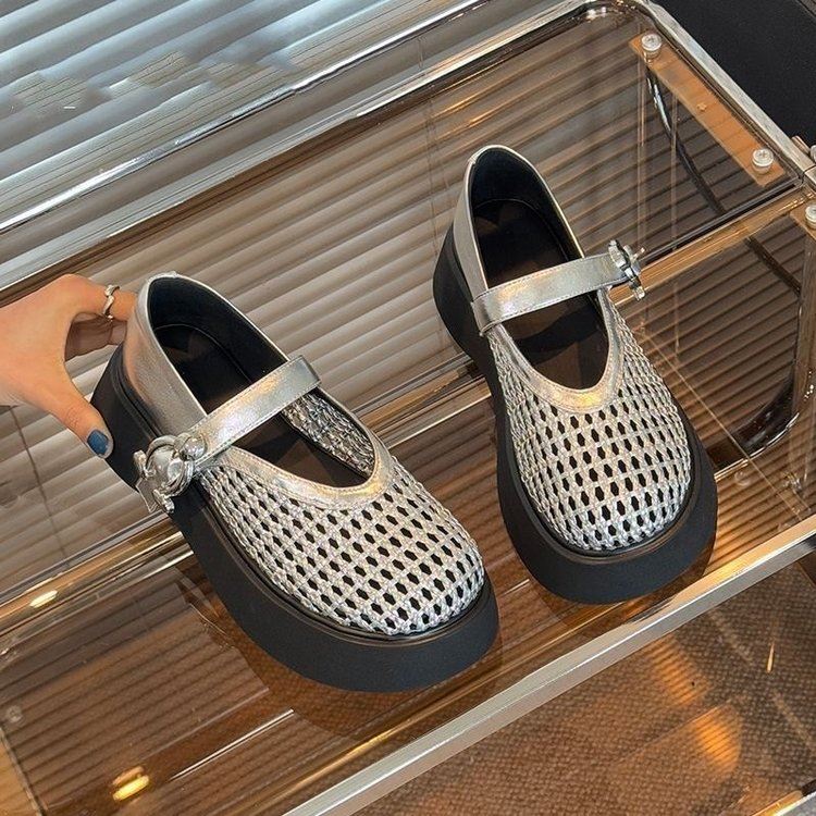 松糕夏季厚底时尚渔夫鞋网鞋凉鞋小个子平底鞋增高一字带法式新款