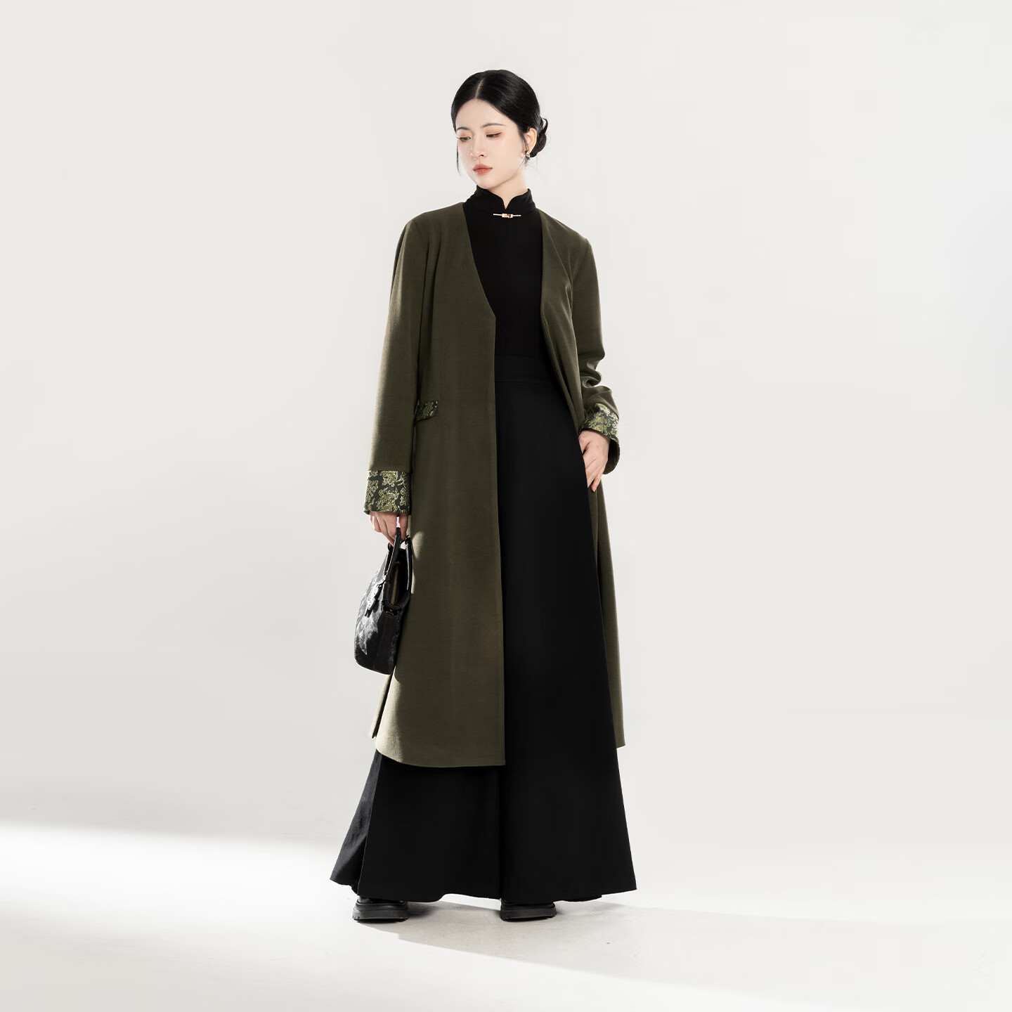 织造司[君山青]新中式国风八吉祥纹妆花织金v领中长款大衣外套女