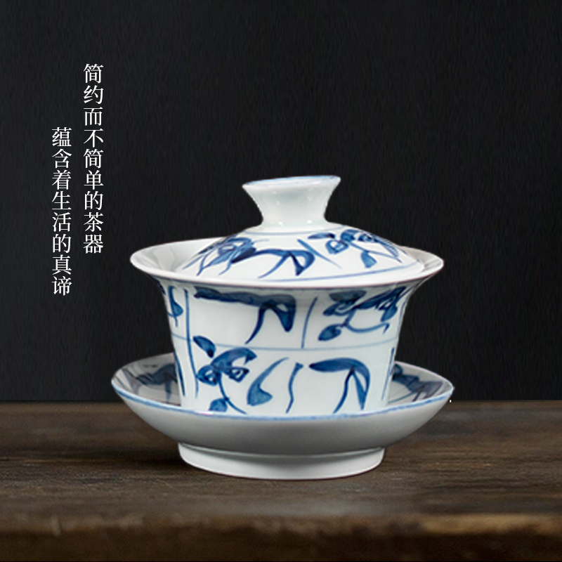 景德镇手绘青花瓷马蹄盖碗茶盖碗白瓷陶瓷防烫中式复古手工茶具