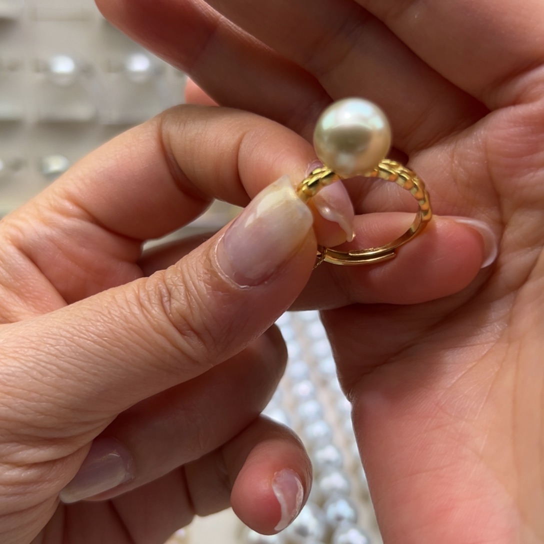 银S925镶嵌戒圈海水珍珠10.4mm麦穗正圆无暇中金