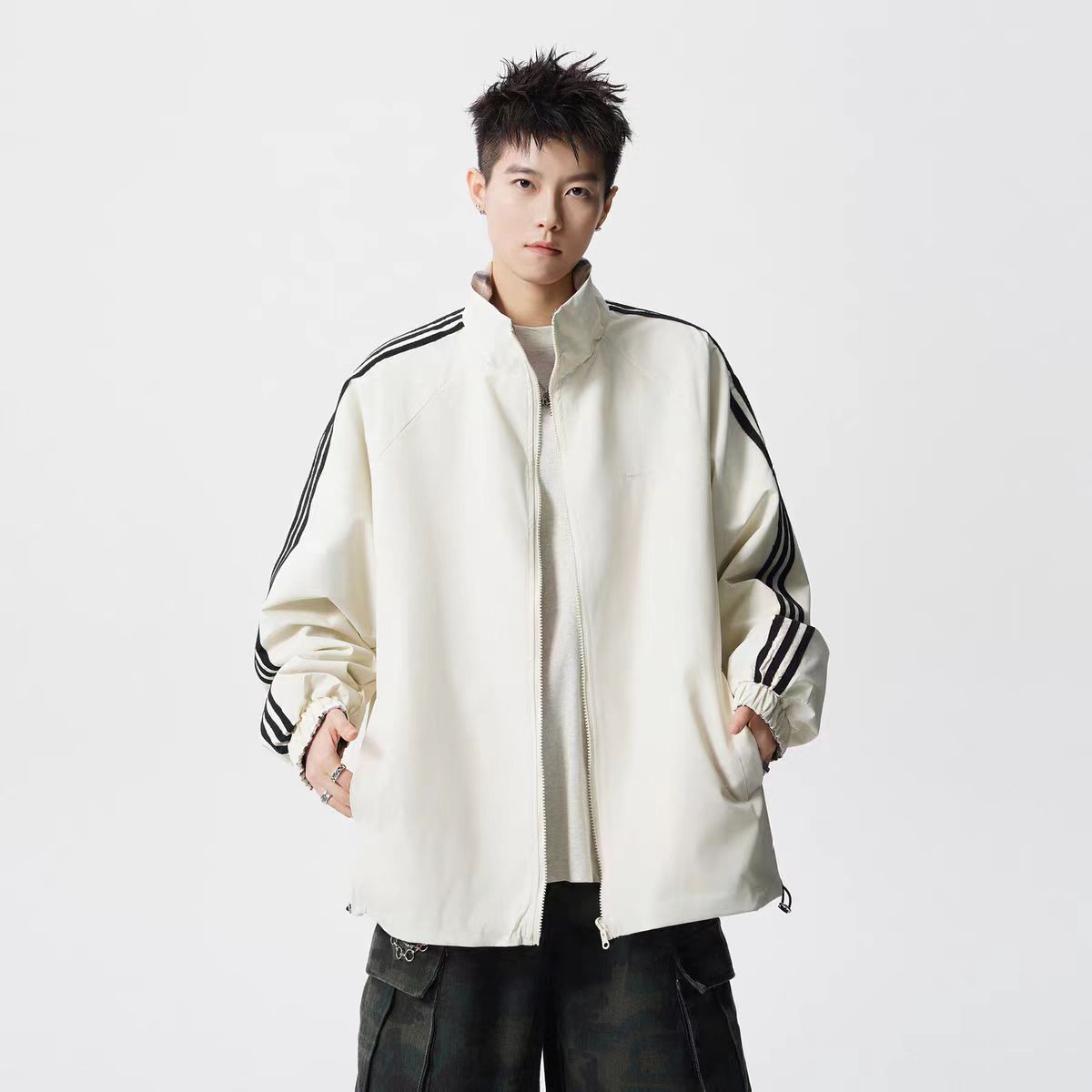 复古潮牌条纹格子双面穿立领夹克男秋季宽松情侣百搭外套