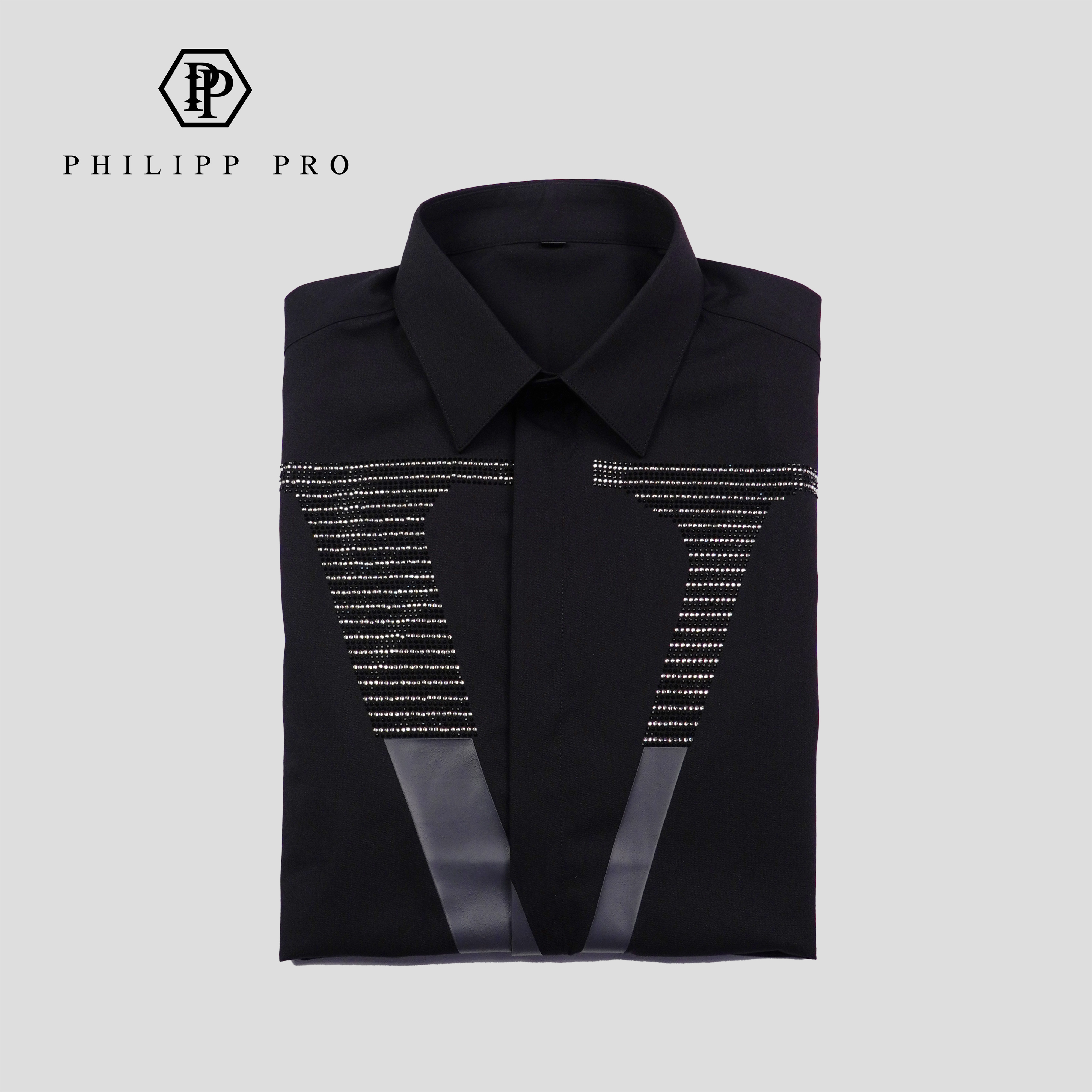 PHILIPP PRO秋冬印花修身男士黑色衬衫休闲上衣轻奢翻领
