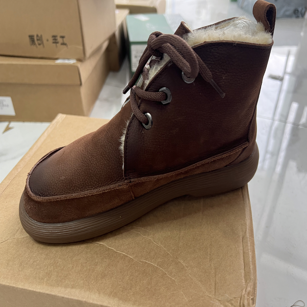 系带胶粘短筒保暖纯色冬季马丁靴靴子棕色户外舒适