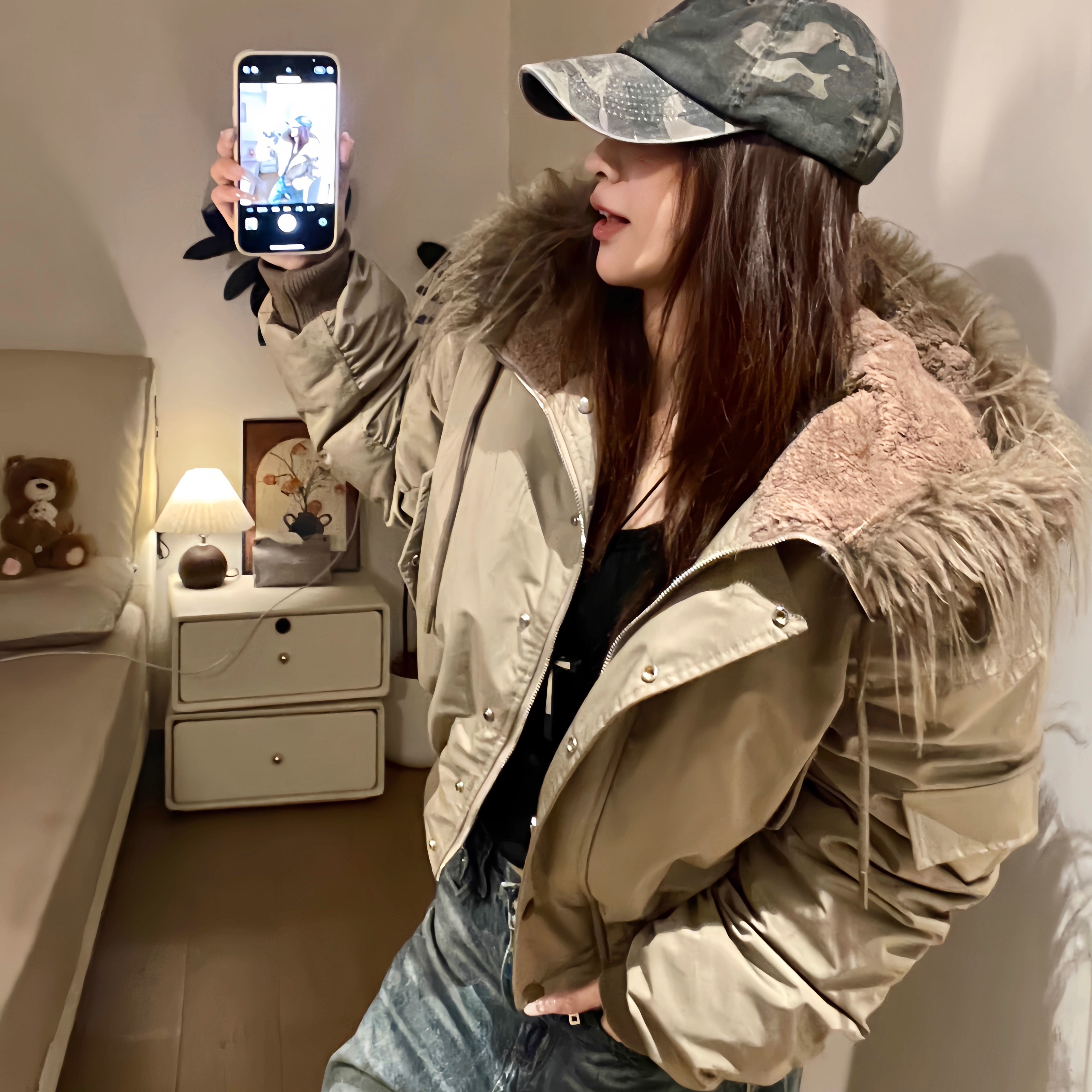 艺尙  卡其色美式复古毛领连帽夹克外套女夹棉加厚保暖棉服派克服