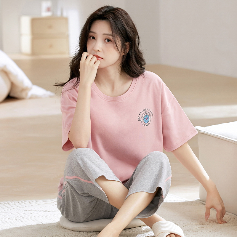 4314夏季带胸垫女士纯棉睡衣短袖七分裤套装睡衣女套装家居服