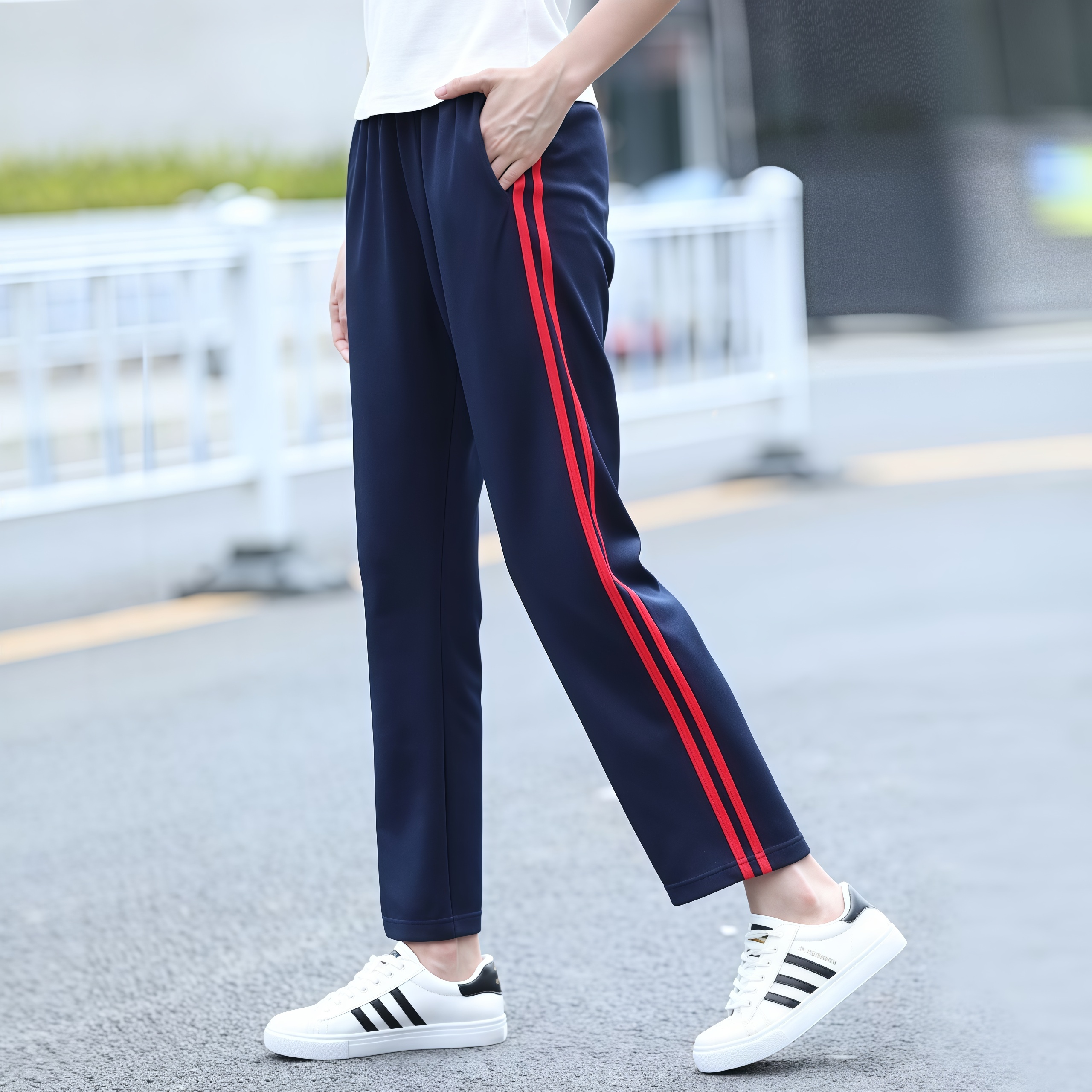 休闲裤松紧带宽松型春秋常规运动长裤直筒透气学生校服裤双红条
