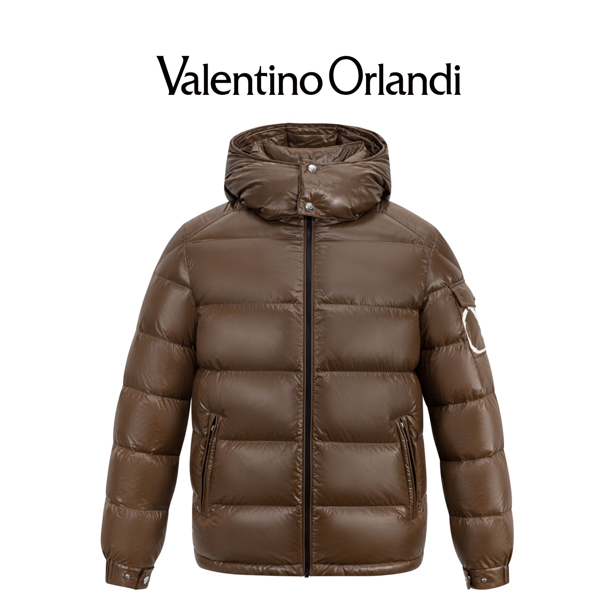 Valentino orlandi男士冬季B版时尚印花V标口袋可脱卸帽鹅绒服