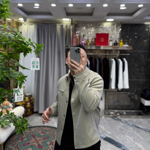 SH轻奢时尚高定男士雅痞方领按扣拼皮休闲夹克外套 877207