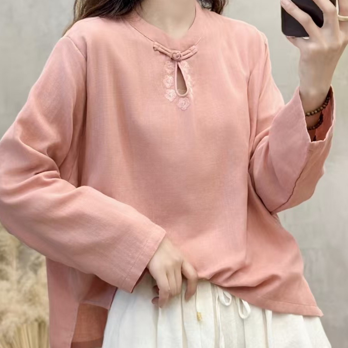 婴儿棉双纱双侧棉纱刺绣订珠两侧开叉百搭宽松女士衬衣中式