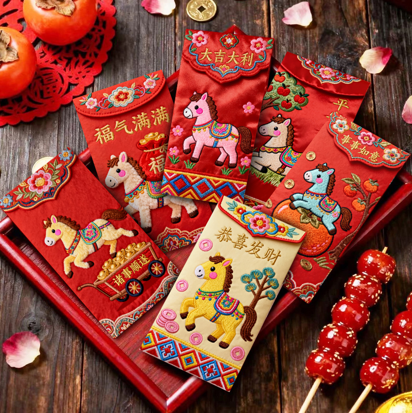 【卡通手绘福马萌马系列】平面刺绣风格马年创意中式利是封新年压岁