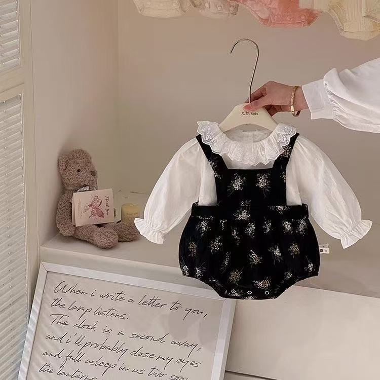 新生儿衣服秋款女宝宝衣服碎花棉布背带哈衣长袖两件套包屁衣
