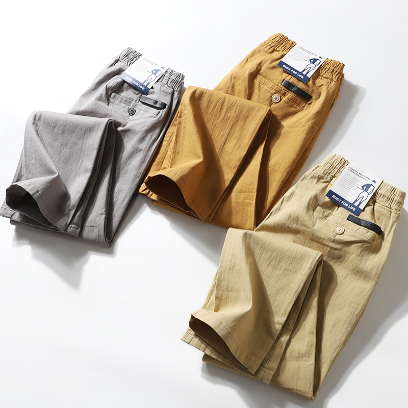 美单春夏男士松紧腰日常百搭纯色棉质小直筒休闲裤吸湿透气长裤