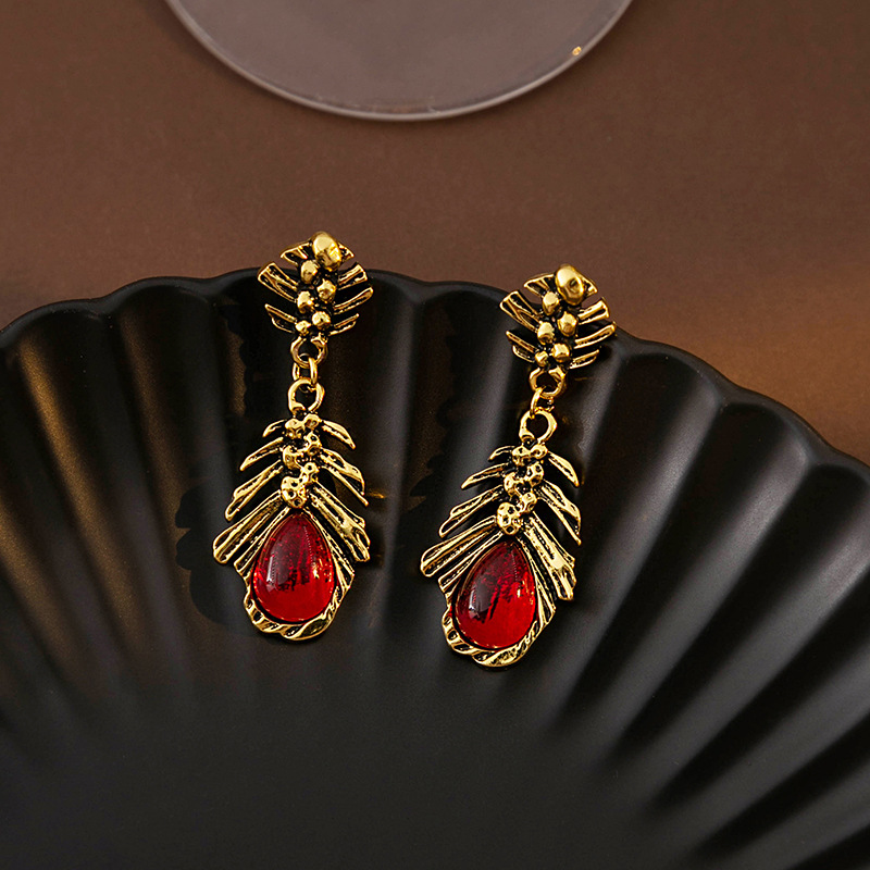 足银亚克力耳饰 银针复古宫廷风树叶耳环中古做旧红色水滴耳坠简