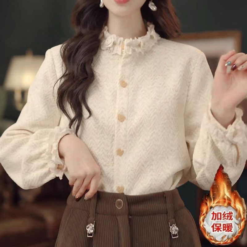 衬衫女2025秋冬新款时尚立领气质显瘦加绒小衫别致拼接洋气打底衫