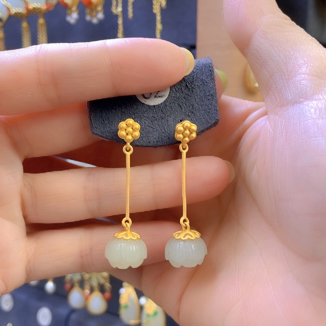 和田玉耳饰银S925镀金镶嵌