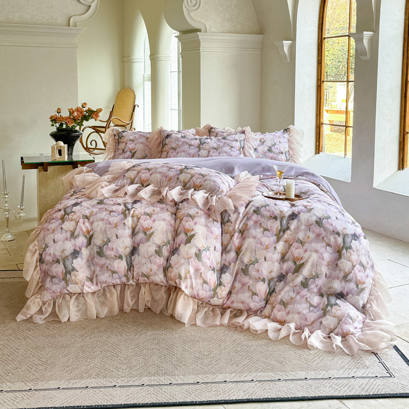 A类针织水洗棉法式花边床单床笠四件套赫本小清新三件套家c3.3.9