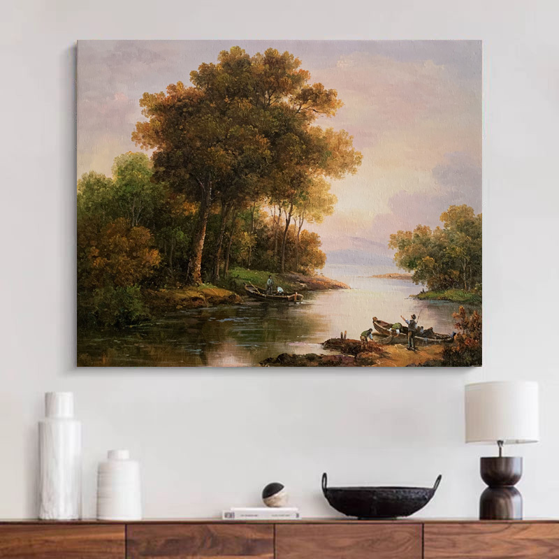 《秋溪泊舟》50*60含内框，刘春建手绘油画装饰画，客厅背景墙挂画