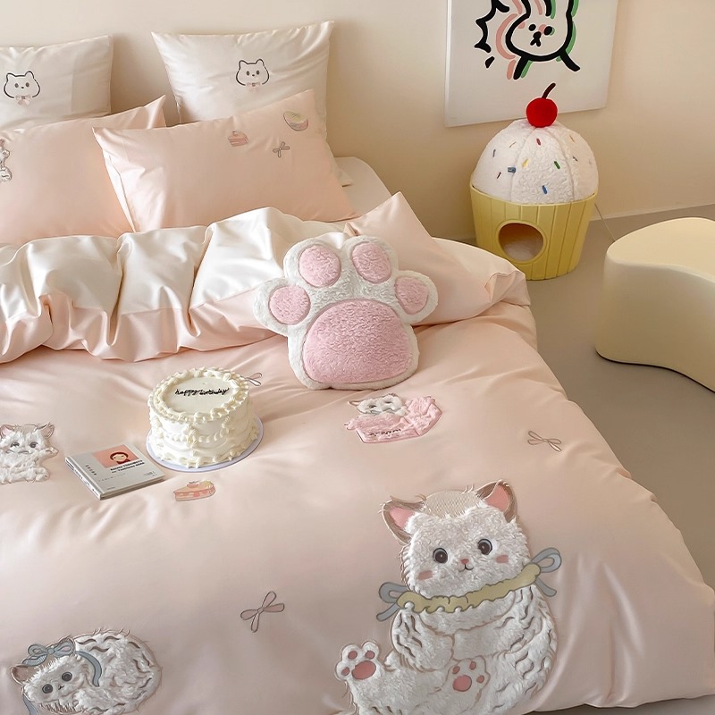 卡通可爱少女纯棉全棉四件套100支长绒棉小猫咪刺绣被套床单粉蓝