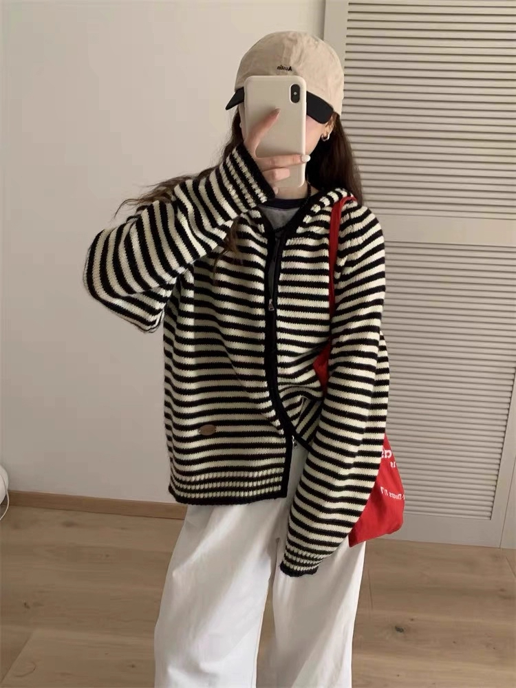 复古美式双拉链条纹毛衣女2025春秋季新款慵懒风针织开衫外套女