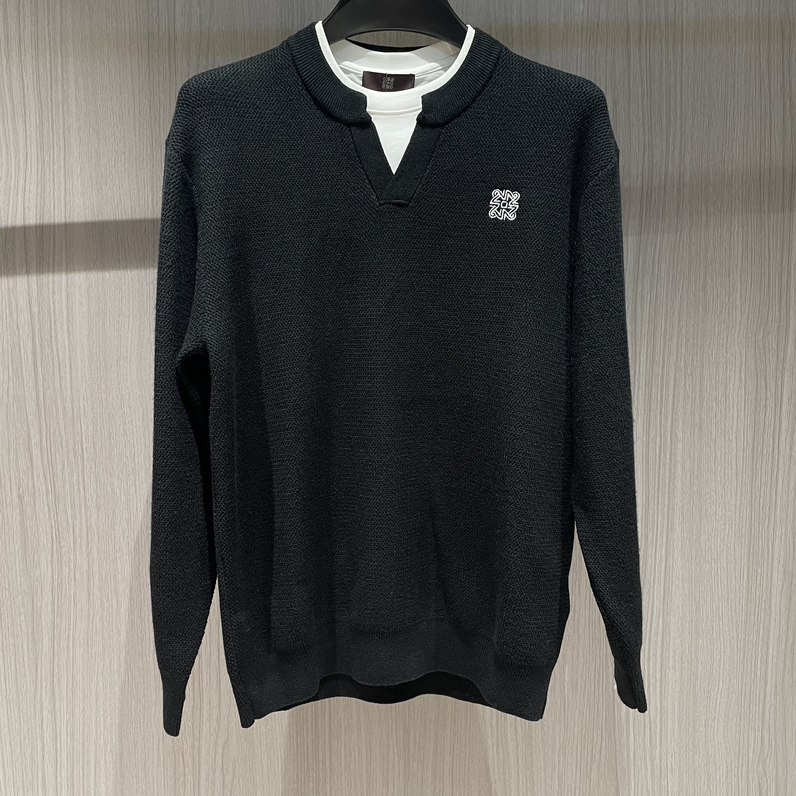 针织衫男士黑色星球开衫毛衣宽松型假两件圆领时尚轻奢长袖77765