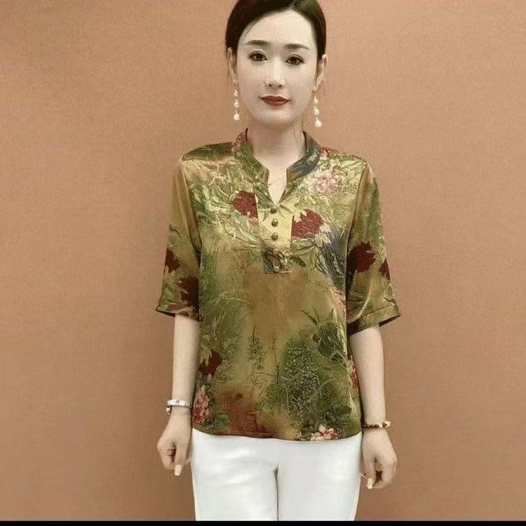 夏季新款洋气时尚妈妈装显瘦印花中袖小衫