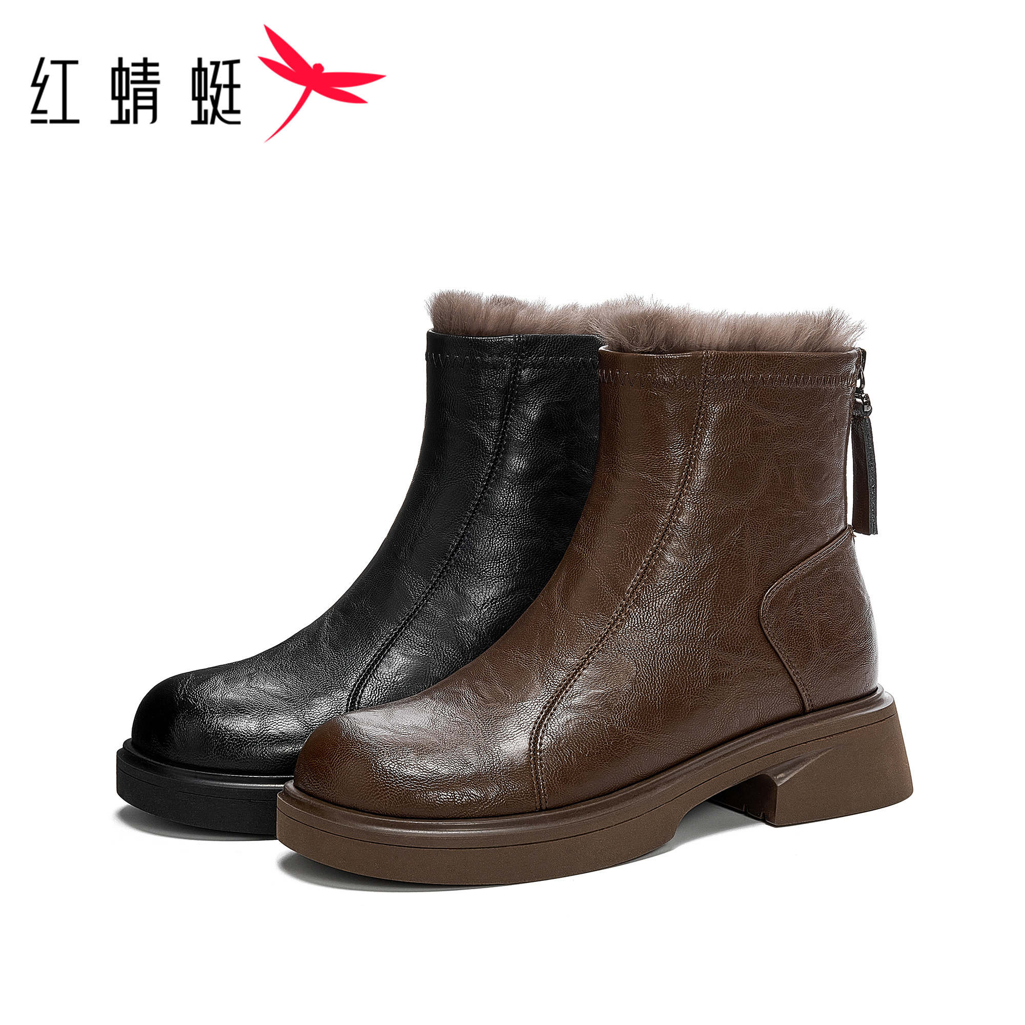 红蜻蜓女士秋冬季中跟百搭复古加绒加厚保暖圆头厚底短筒时装靴