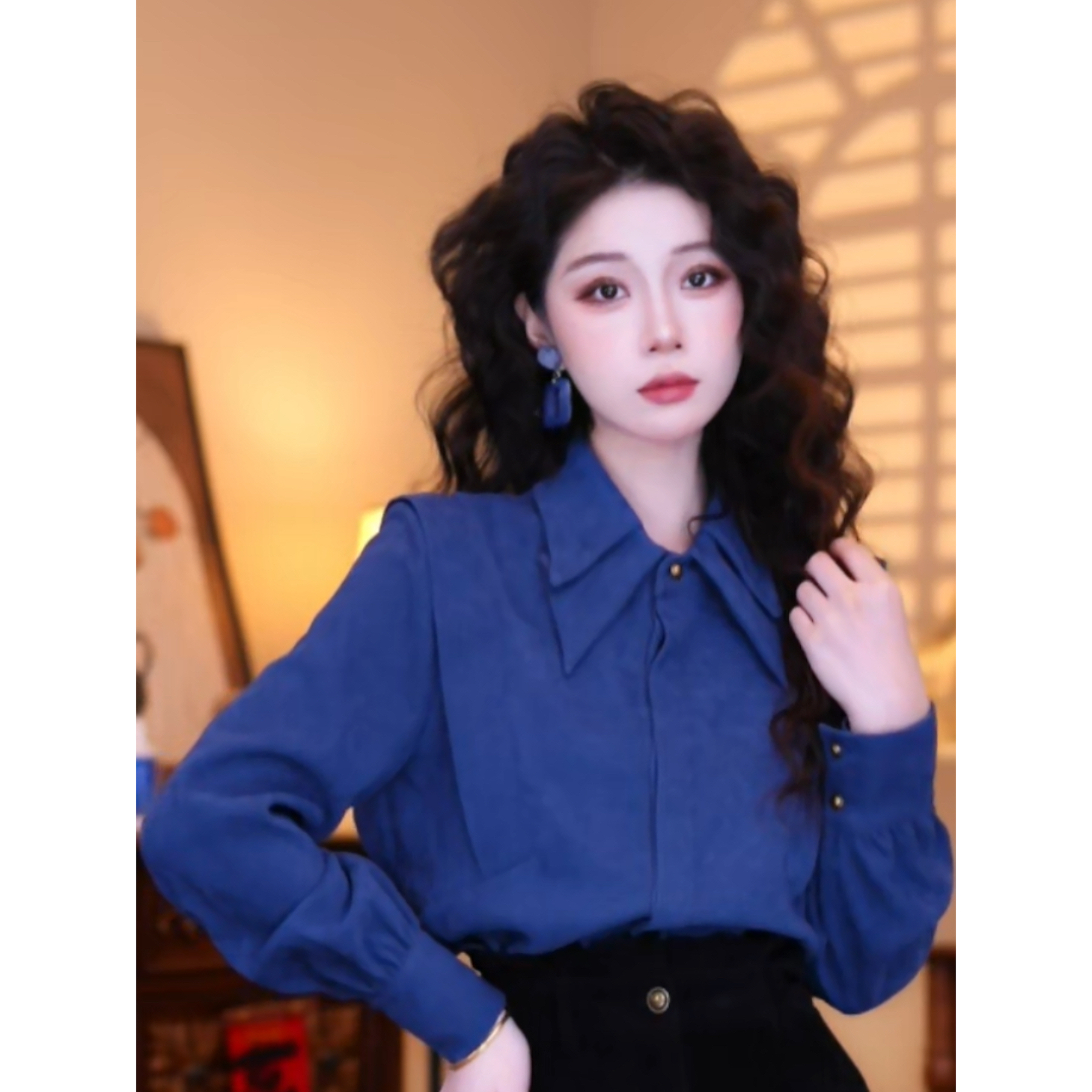 蒋肉肉【蓝色妖姬】港味复古气质设计感秋冬长袖上衣03431