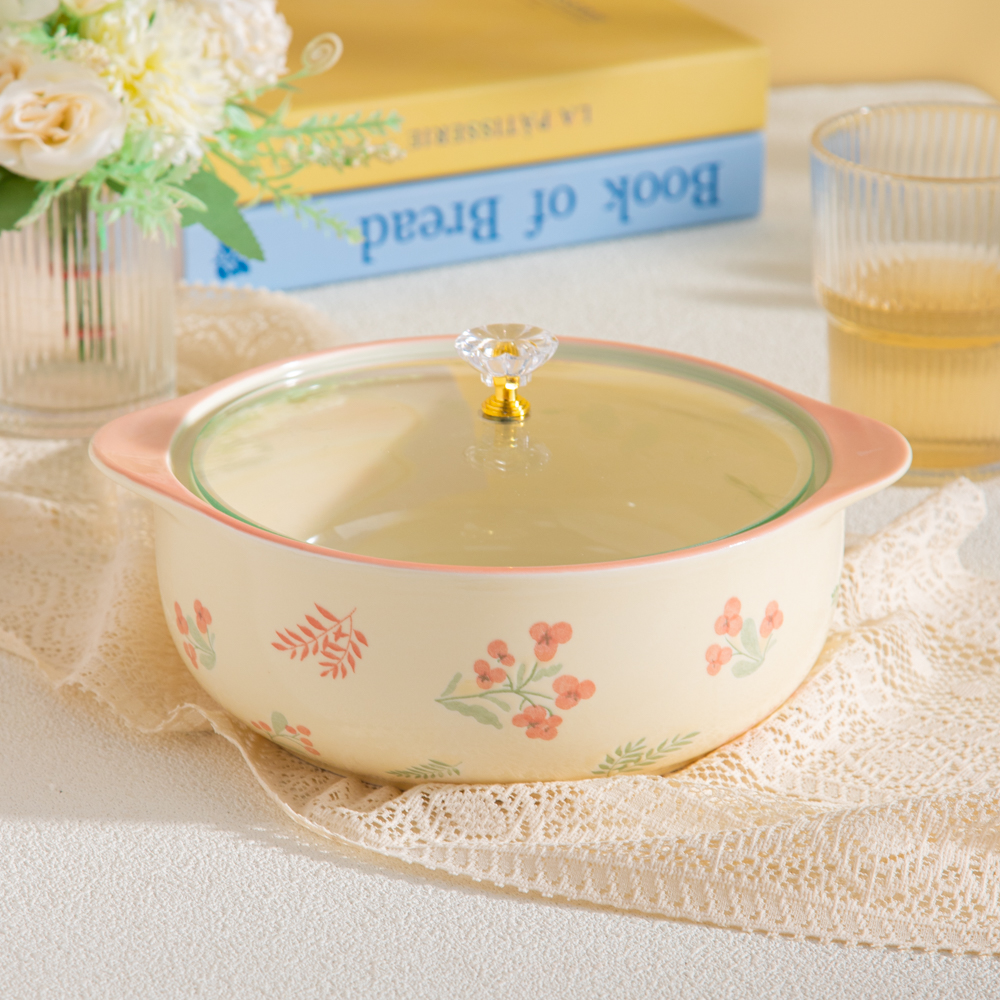 家用陶瓷餐具美二烧釉下彩粉色海洋9英寸带玻璃盖大汤碗酸菜鱼碗