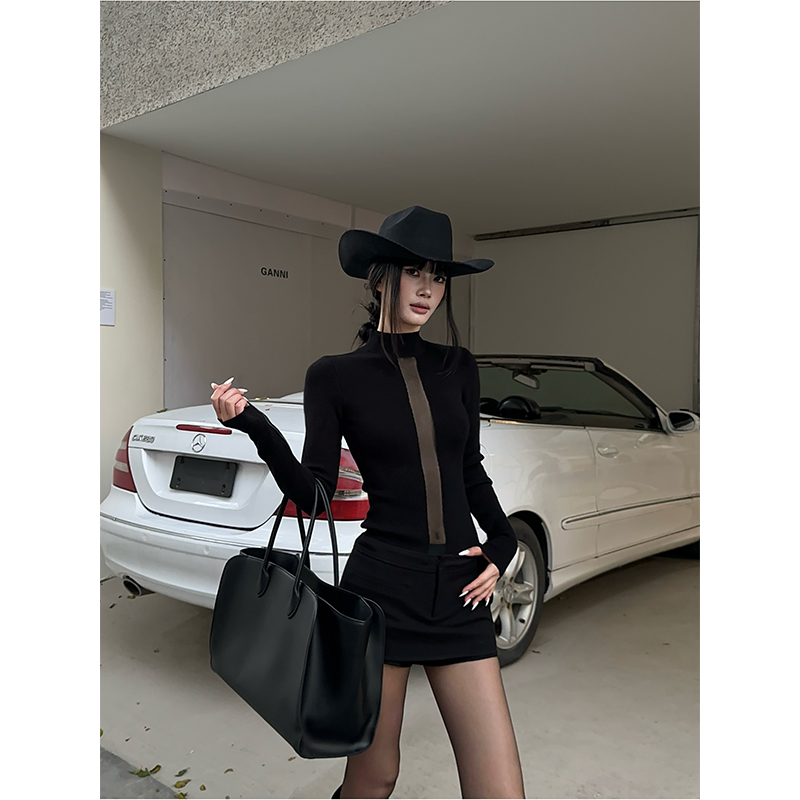 VENUIE【呼吸感知】设计感时尚网纱拼接针织螺纹修身长袖上衣24656