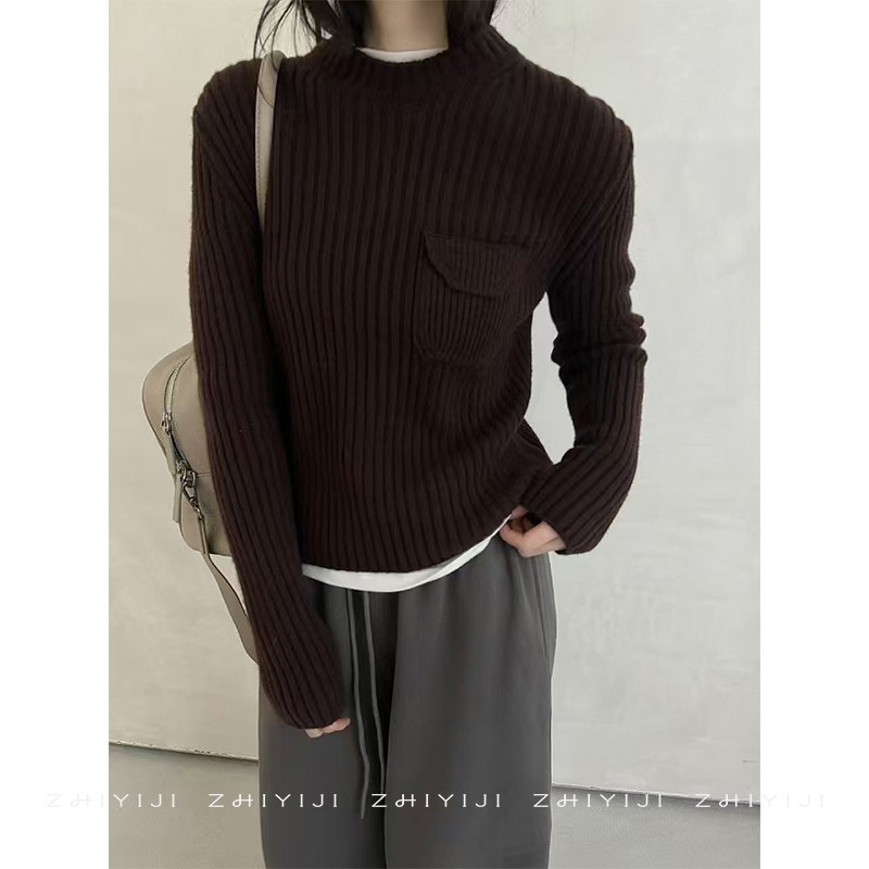 韩货简约口袋装饰圆领毛衣 100%羊毛小个子坑条短款厚实针织上衣