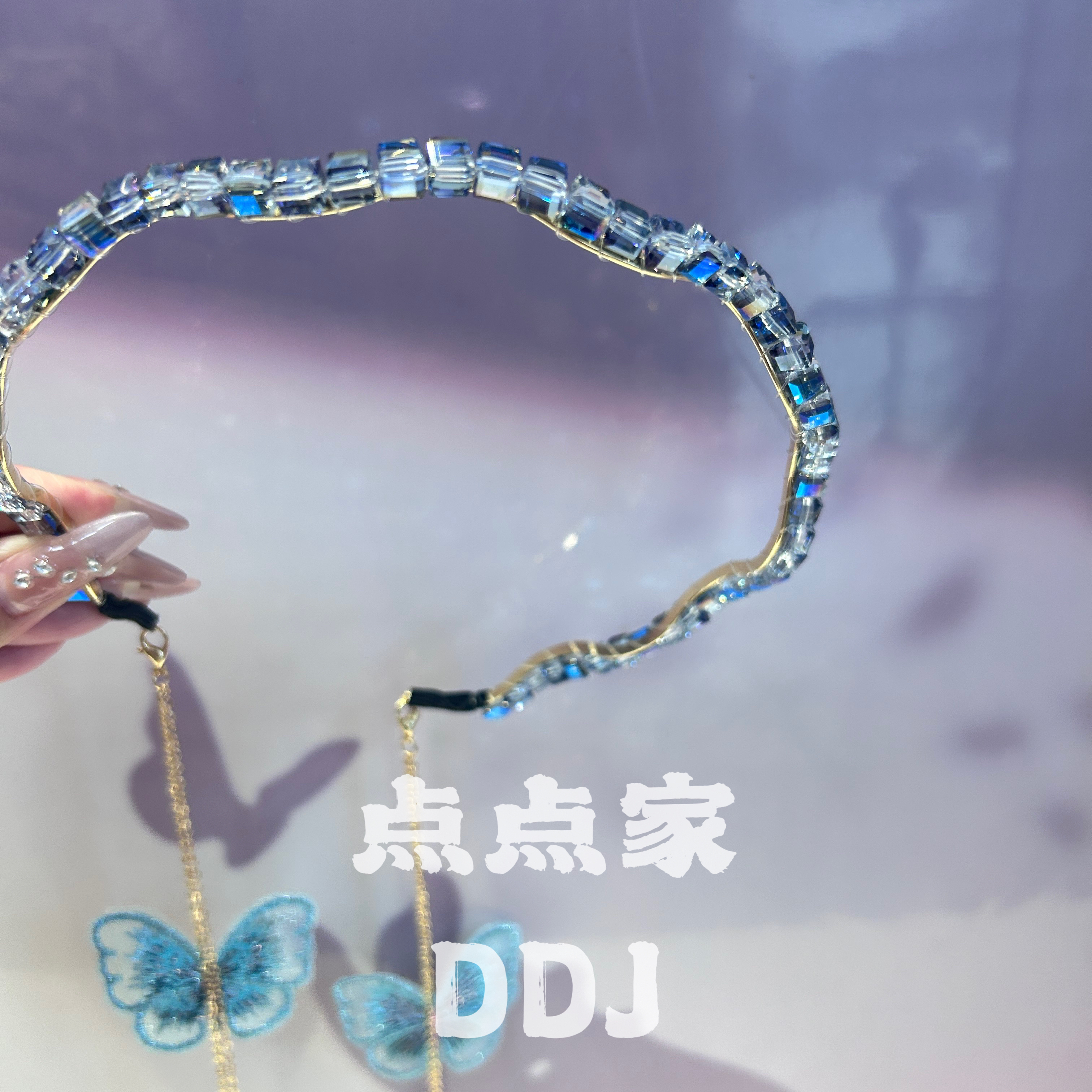 轻奢百搭温柔气质水晶蓝色蝴蝶流苏发箍