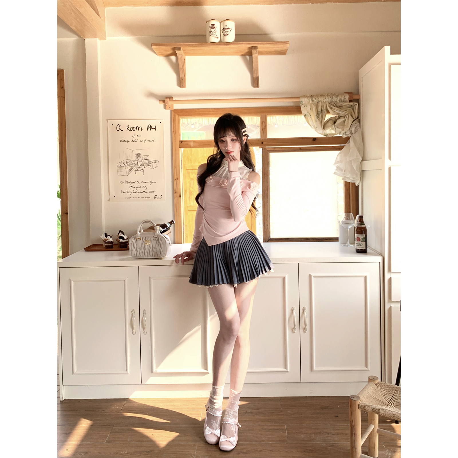 越韩小鱼 少女秘境 法式收腰假两件针织衫灰色呢子百褶半裙两件套