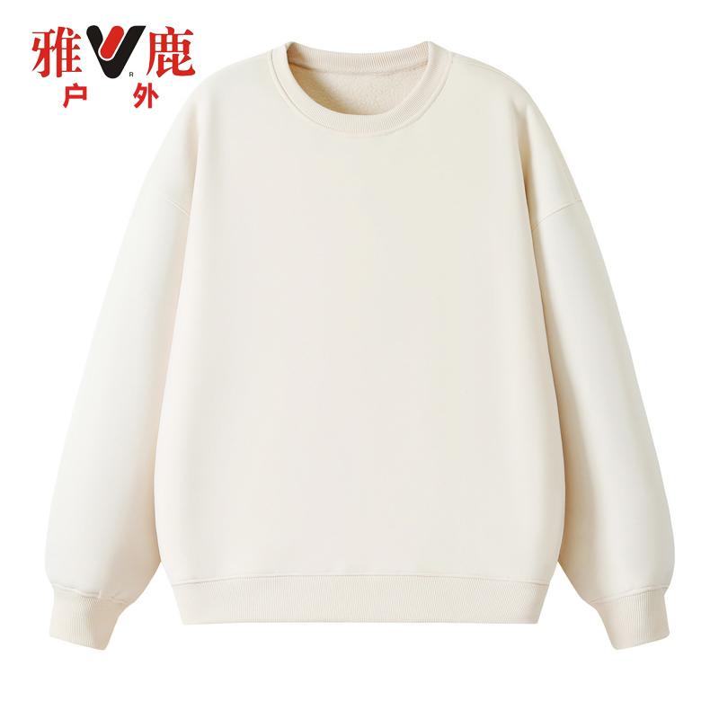 雅鹿秋冬季宽松圆领纯色卫衣男加绒打底情侣长袖T恤男圆领上衣