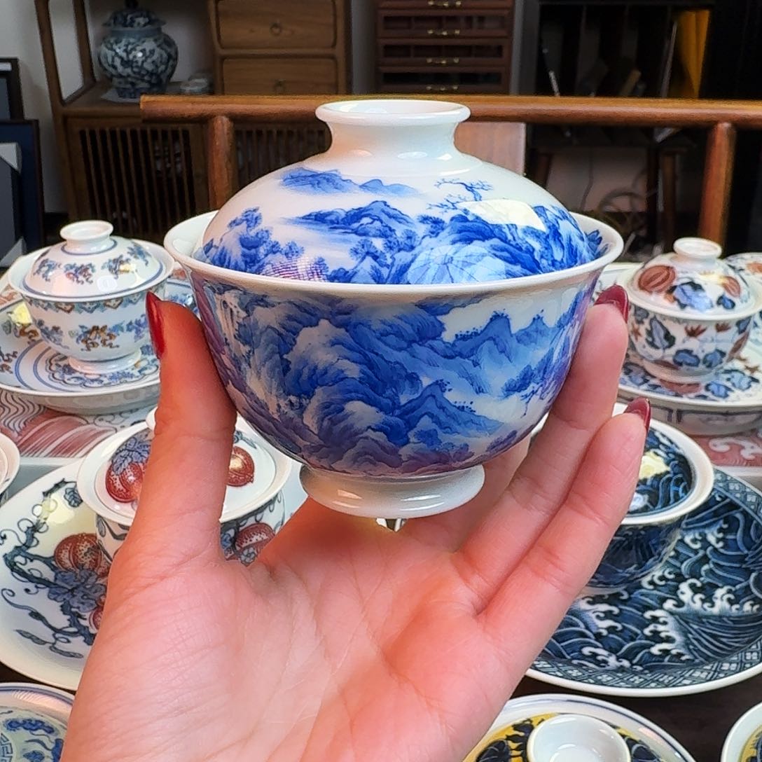 杯J**S重工山水盖碗纯手绘