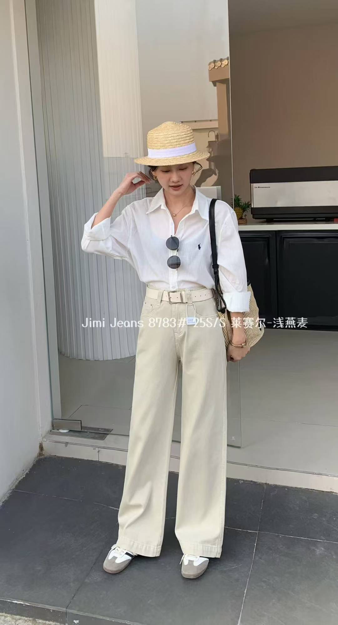 夏季高腰宽松显瘦窄版阔腿直筒牛仔裤女