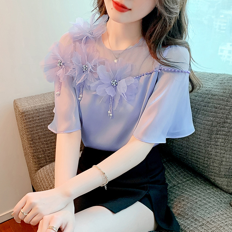 夏季重工刺绣立体钉珠设计感小众别致缎面短袖上衣衬衫女蕾丝气质