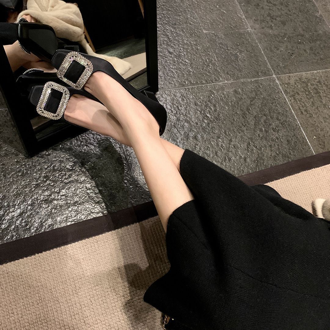 镶钻方扣女鞋春夏款浅口单鞋平底高跟鞋