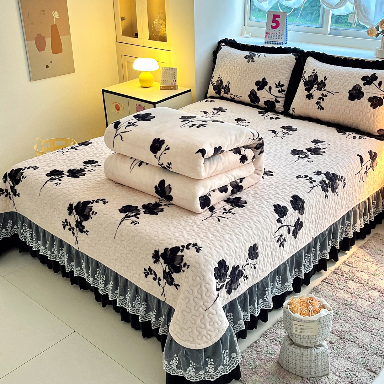 冬季牛奶绒加绒加厚夹棉绗缝床盖四件套秋冬保暖防滑床盖三件套