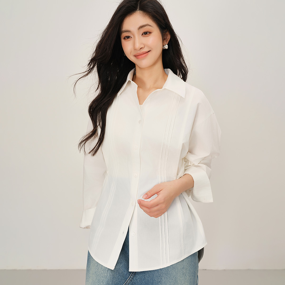 【年终狂欢购】茵曼26春季两穿压褶收腰长袖衬衫法式通勤纯棉衬衣