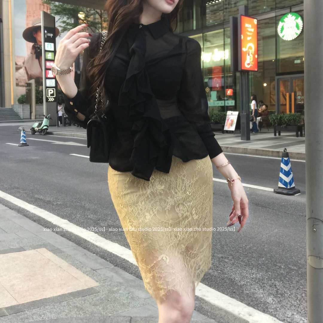 XXZHU「金色童话」微透三层过渡微包臀鎏金蕾丝半身裙ZZ-827