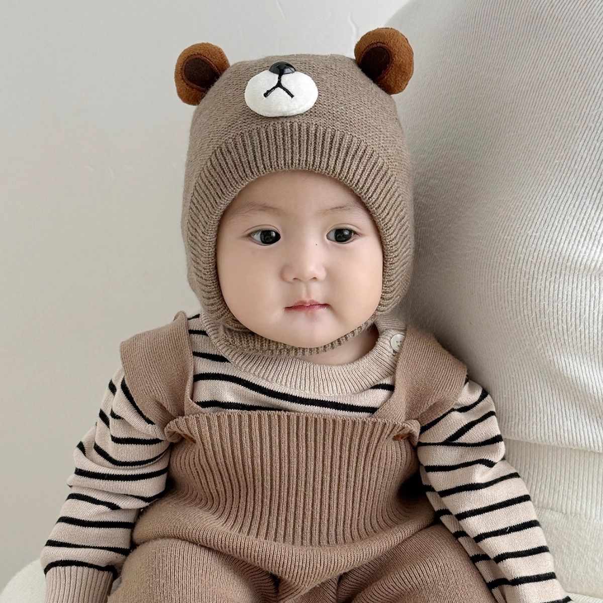 婴儿帽子秋冬季可爱小熊毛线帽男女宝宝针织帽儿童保暖护耳套头帽