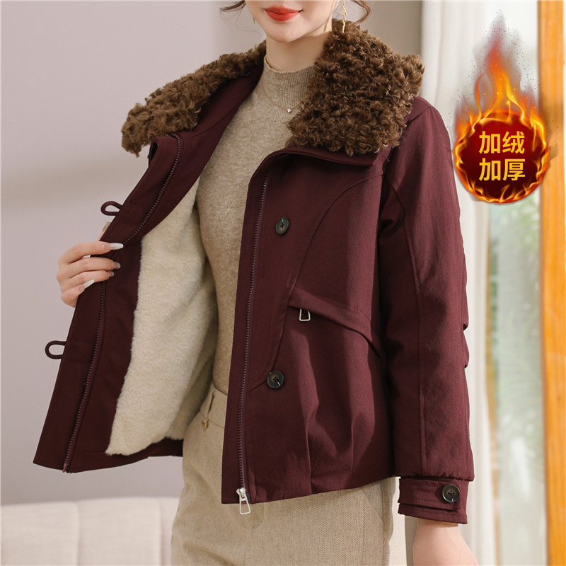 冬季工装风毛领外套中老年女装短款加绒加厚纯色气质保暖妈妈装女