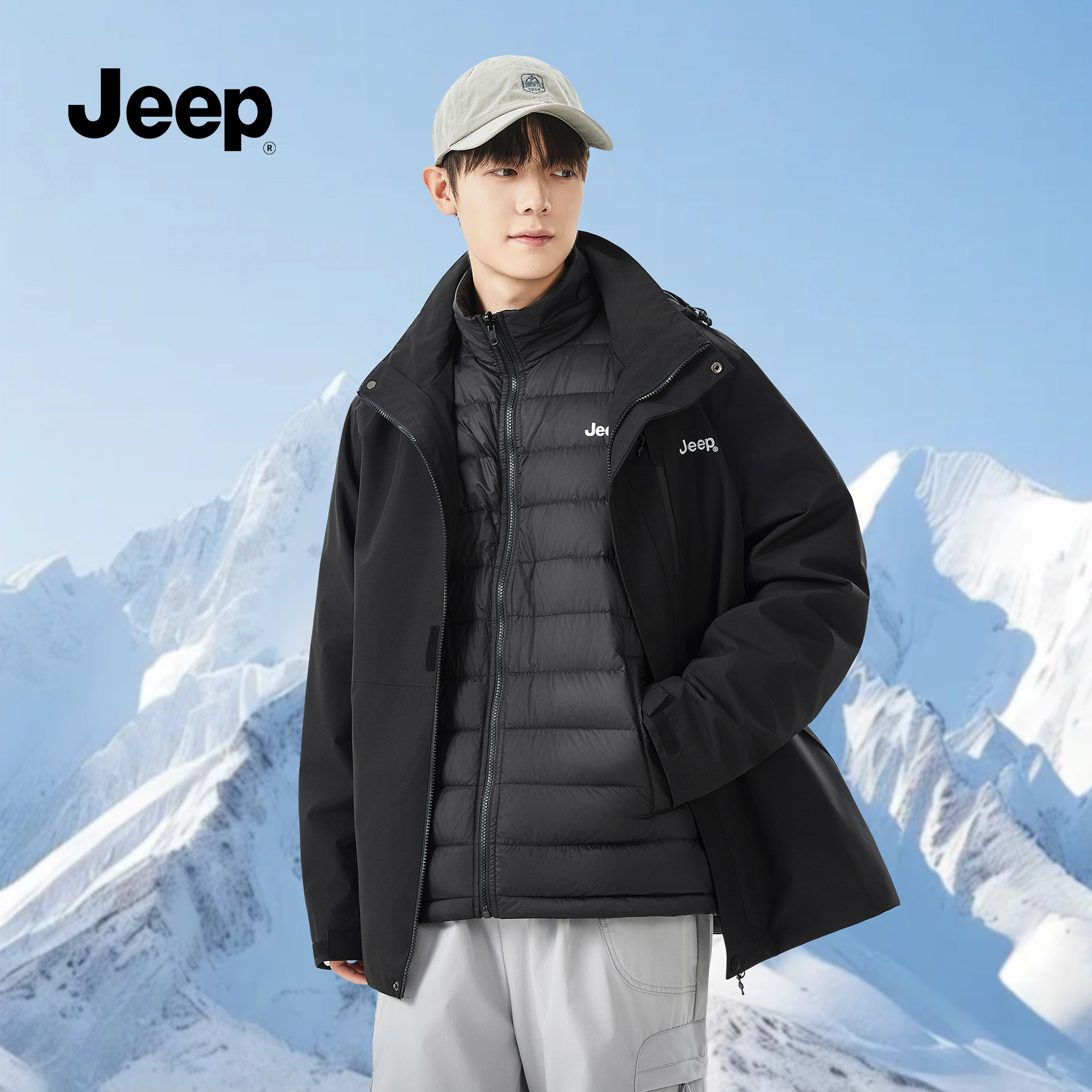 jeep吉普男士冲锋衣羽绒服内胆2025秋冬新款户外登山保暖带帽夹克