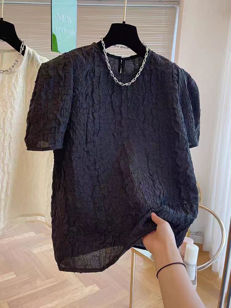 夏季宽松肌理感褶皱泡泡纱T