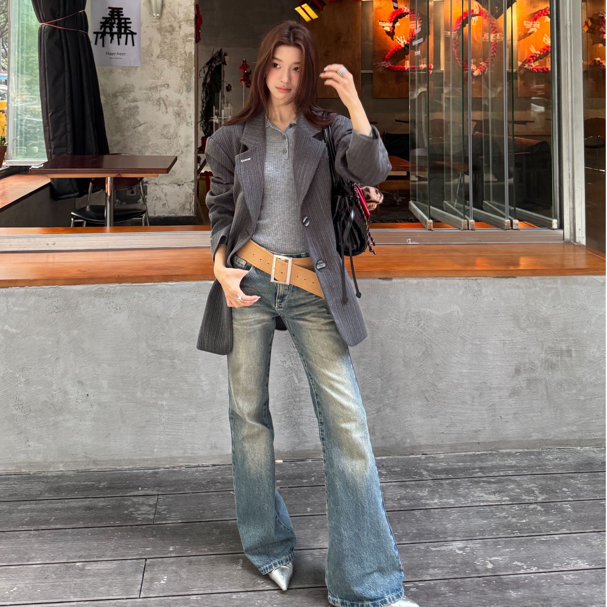 格雷系女孩 廓形高级感条纹西装外套女早春新款灰色时尚通勤上衣