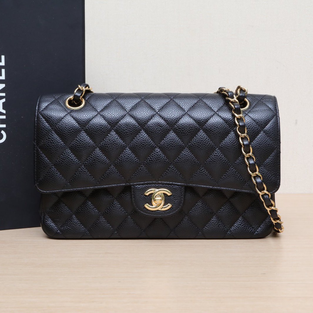 95新 Chanel/香奈儿 【黑黑】CF 口盖包 中号 黑色 26开 金扣