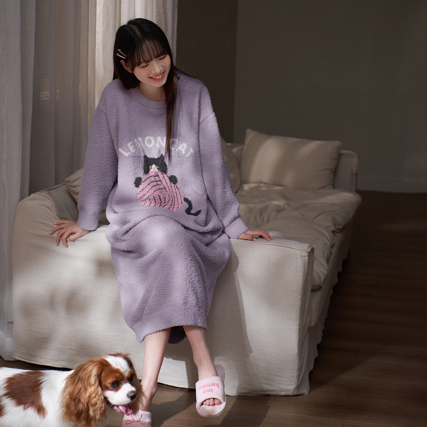 马克公主半边绒睡裙女秋冬款可爱猫咪加厚加绒长款睡衣冬天家居裙