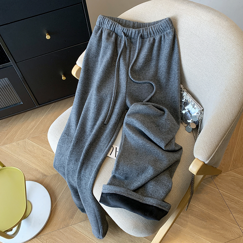 灰色羊毛呢运动卫裤女秋冬新款加绒百搭宽松显瘦阔腿垂坠感休闲裤
